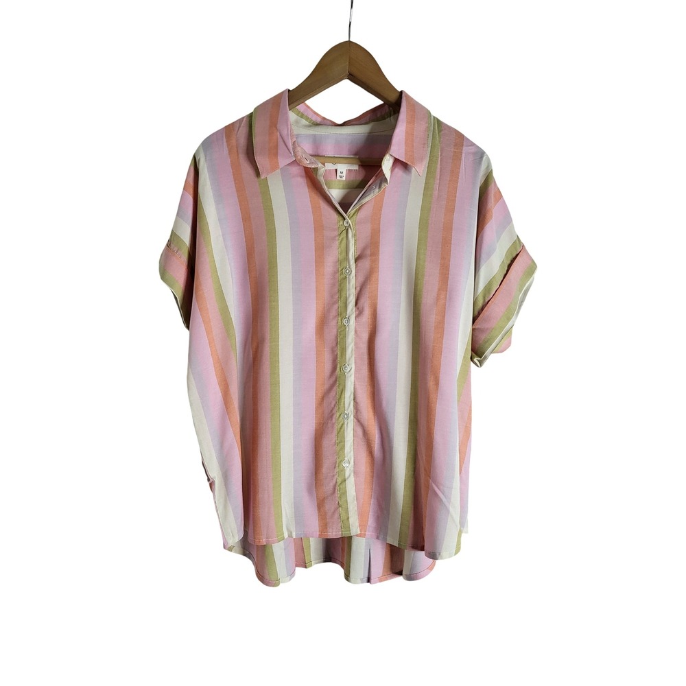 Candace Cameron Bure Pink Green Striped Modal Button Down Shirt Sz M Effortless